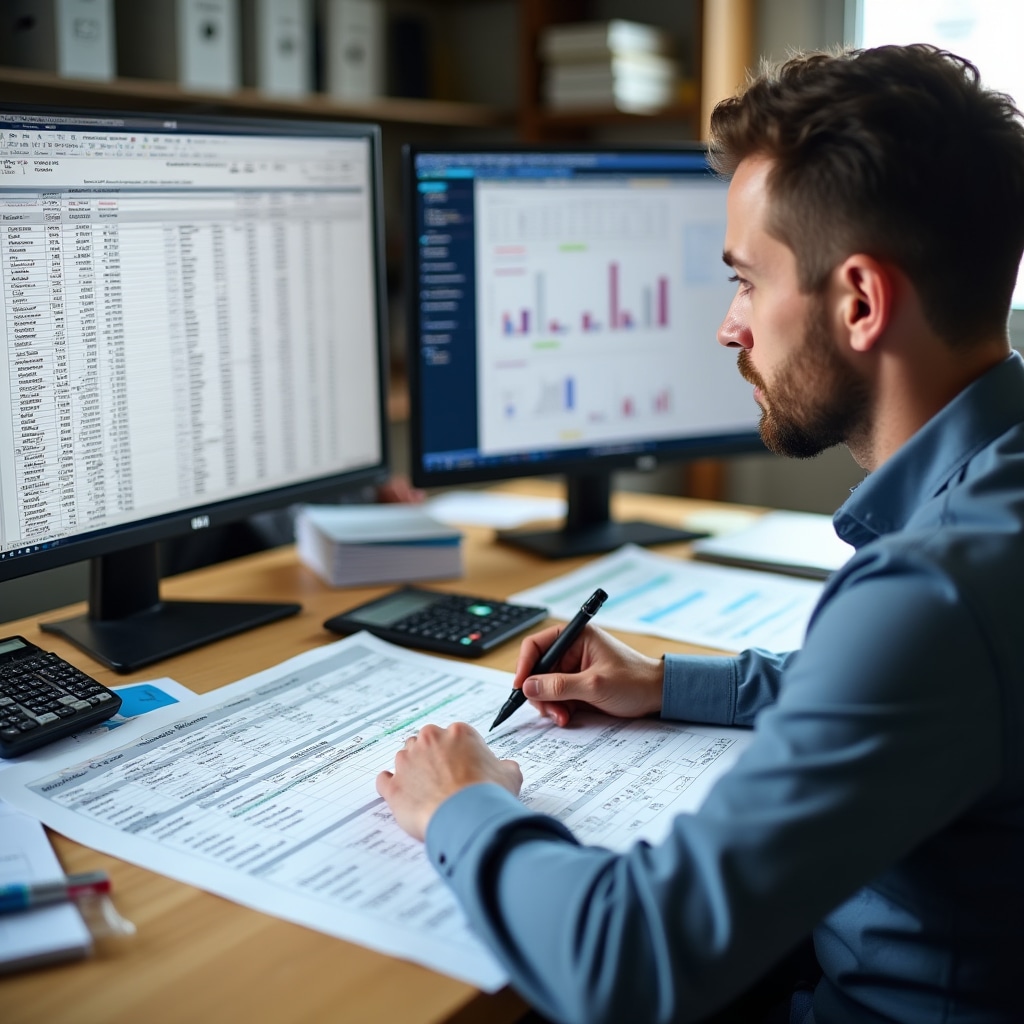 Construction cost analyst working with spreadsheets showing demolition and building cost breakdowns alongside construction specifications and material pricing documents
