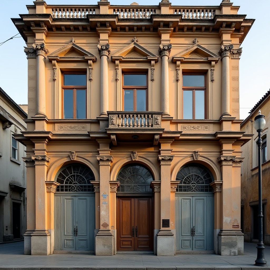 Historic urban building with architectural details showing preservation requirements and heritage designation plaques on facade