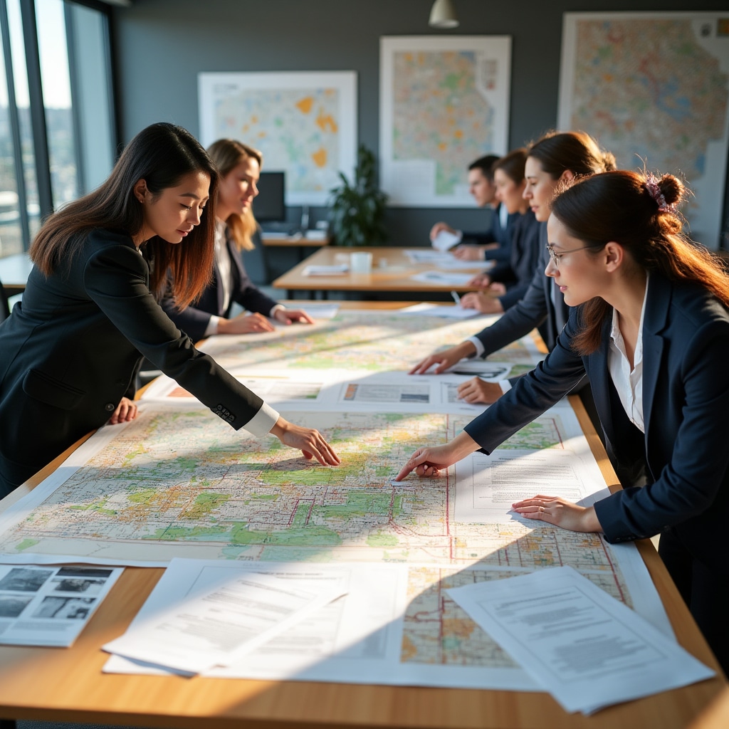 Municipal planning office with regulatory plan documents, zoning maps, and urban development ordinances displayed on large work table