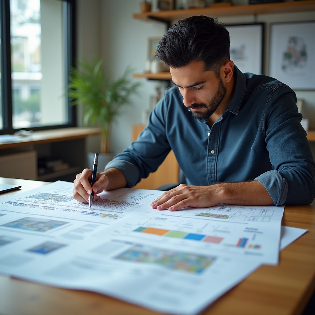 Professional conducting detailed property evaluation with architectural plans and regulatory documents