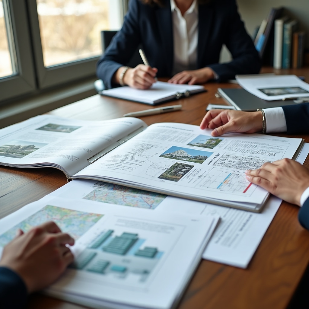 Professional property evaluation report with detailed regulatory analysis, site photographs, and capacity study diagrams laid out on desk