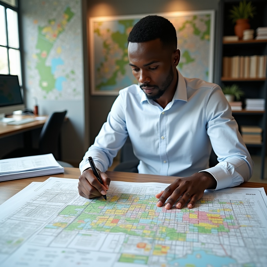 Urban planner analyzing municipal regulatory plan documents with zoning maps and building parameter tables spread across desk