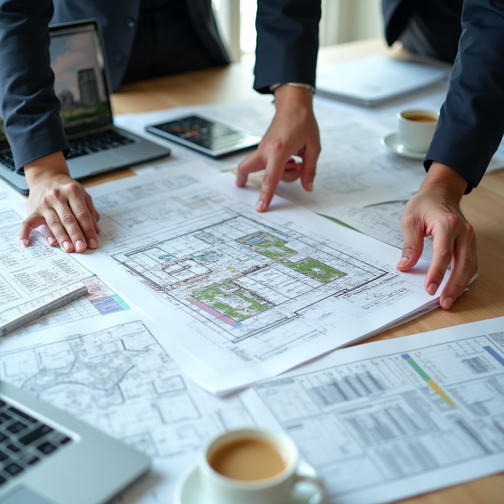 Detailed technical documentation spread showing regulatory analysis, structural diagrams, and capacity calculations for property evaluation